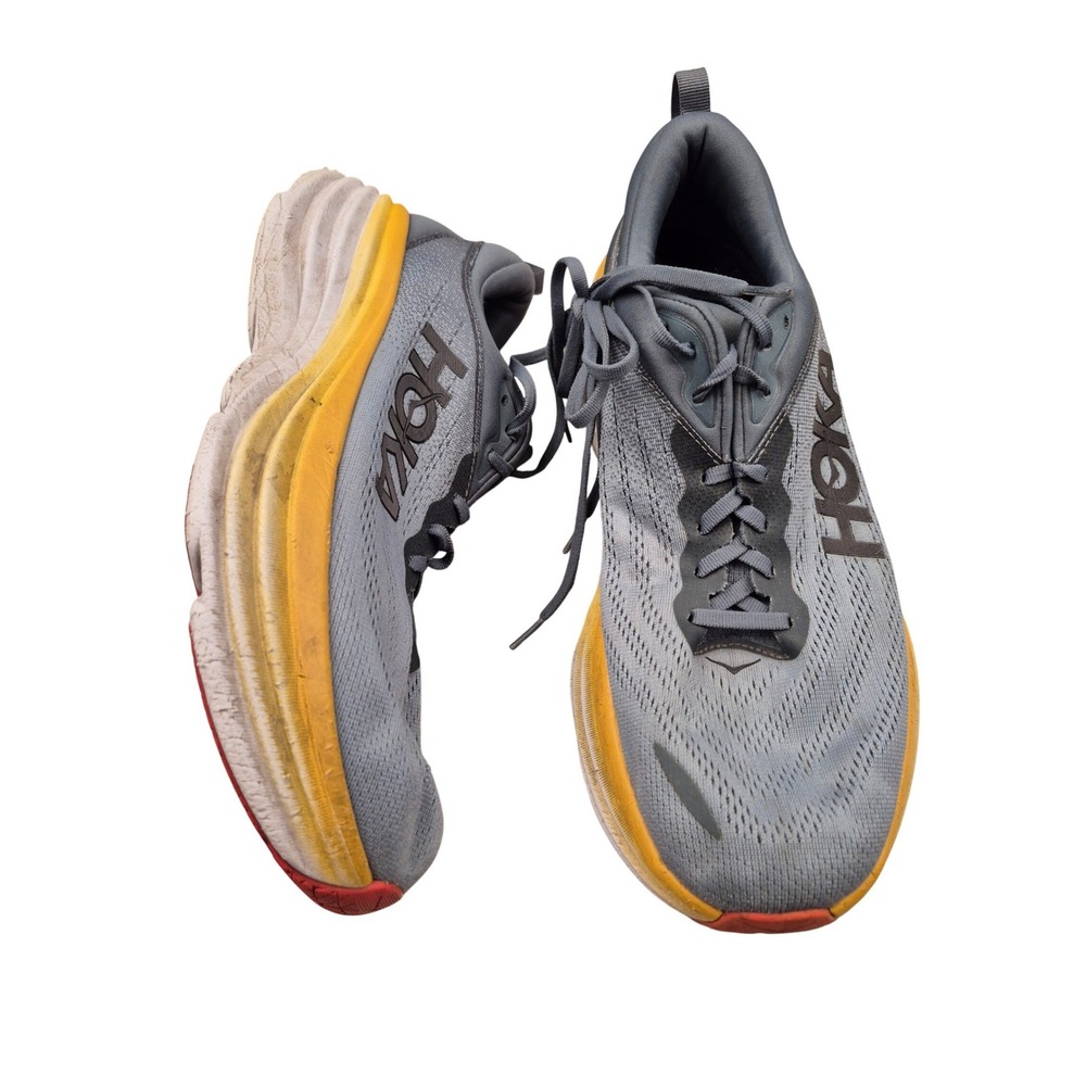 Hoka One One Bondi 8 Wide Mens Running Shoes Grey Yellow Low Top Sneakers 12 EE